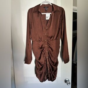 Satin Brown Button-Down ruched Dress